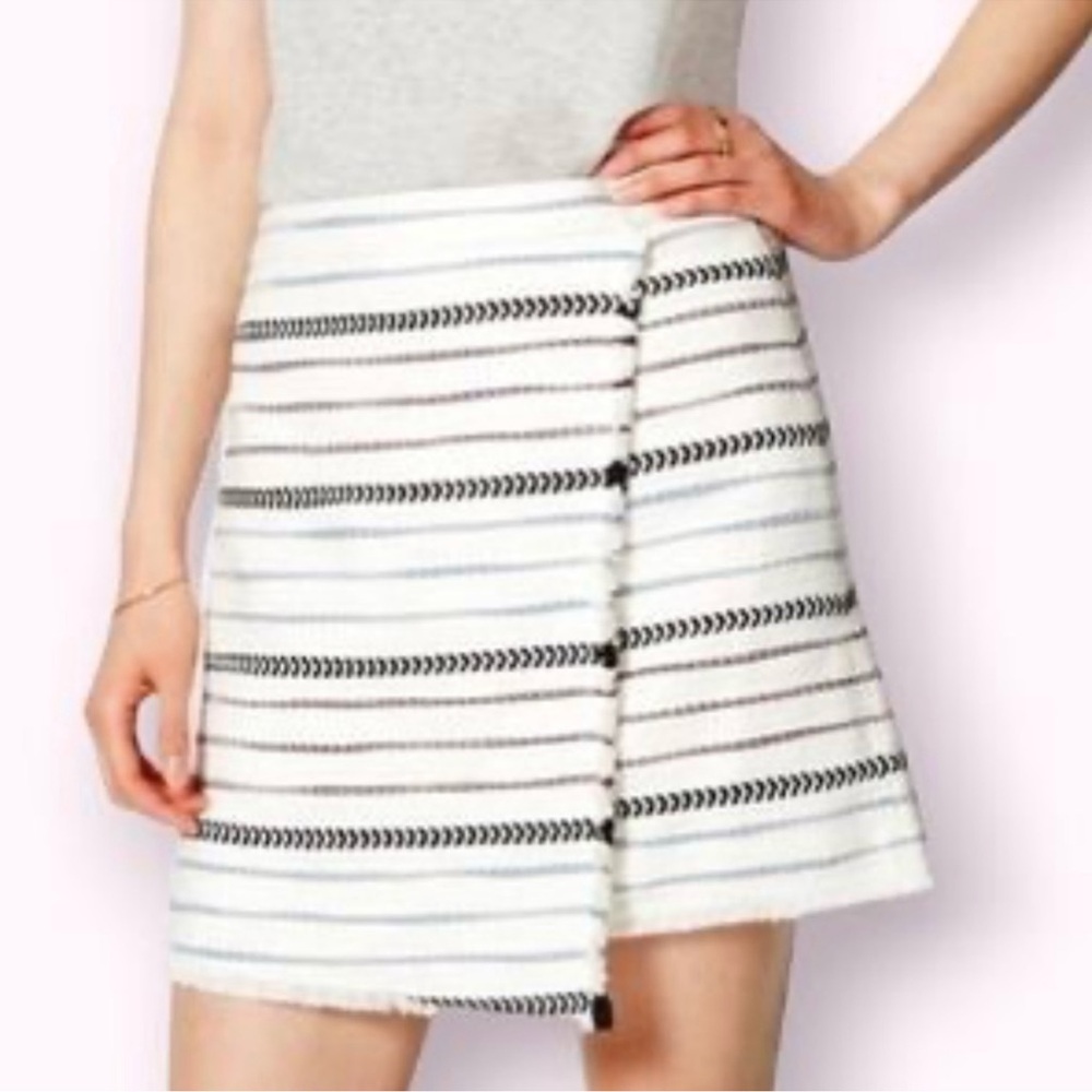 NWT Loft Faux Wrap Fringe Hem Skirt White & Blue Stripe Size 14
